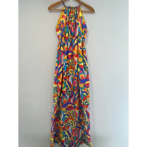 Stunning Vintage 1970s Halter Neck Maxi Dress Bold Psychedelic Print Sm/Med JL - Picture 3 of 10